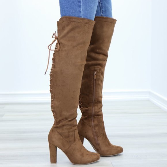 Suede Over The Knee Heeled Boots With Lace Up Back - Picture 5 of 13